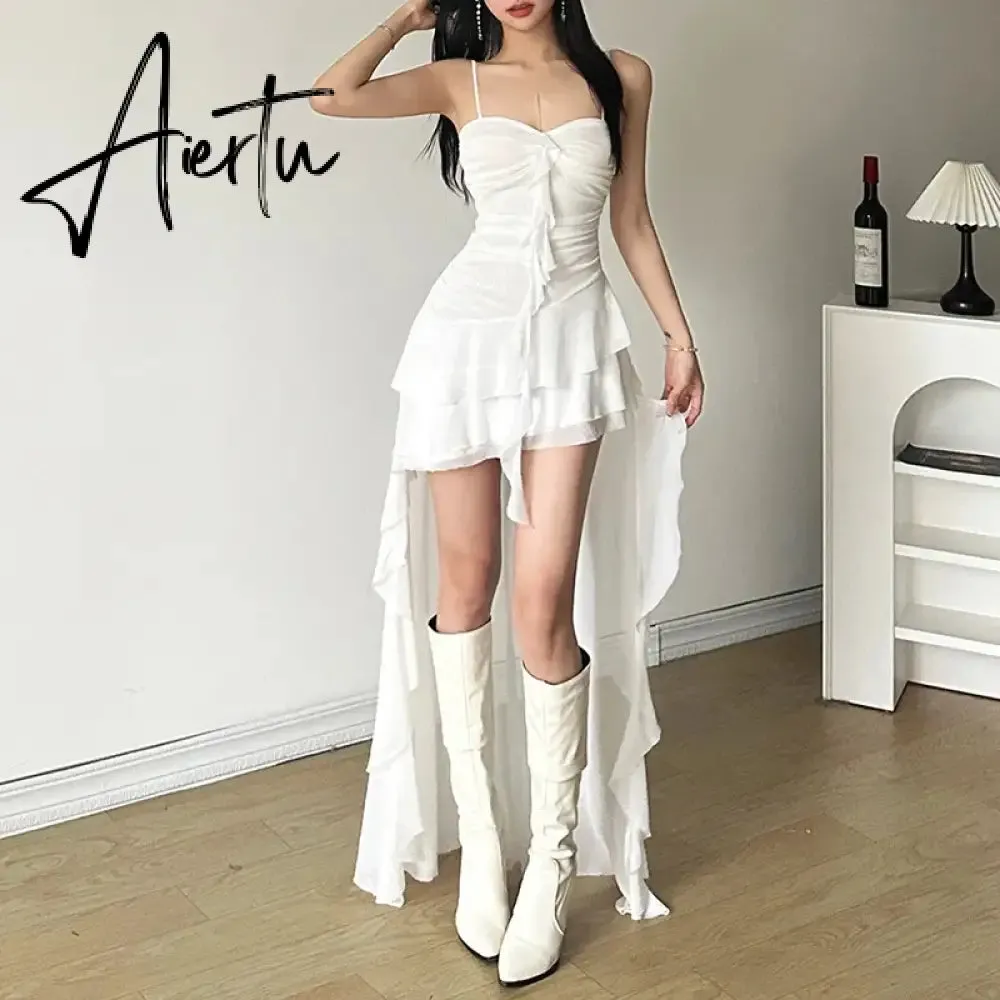 Aiertu 2024 Y2k Aesthetic Irregular Ruffled Dress Sexy Backless Harajuku Pleated Dresses Streetwear Sleeveless Bodycon