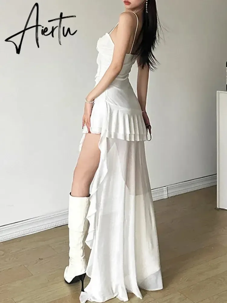 Aiertu 2024 Y2k Aesthetic Irregular Ruffled Dress Sexy Backless Harajuku Pleated Dresses Streetwear Sleeveless Bodycon