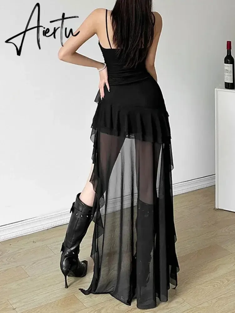 Aiertu 2024 Y2k Aesthetic Irregular Ruffled Dress Sexy Backless Harajuku Pleated Dresses Streetwear Sleeveless Bodycon