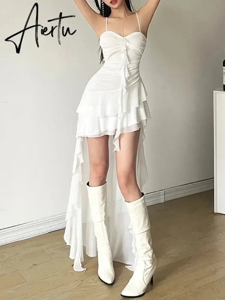 Aiertu 2024 Y2k Aesthetic Irregular Ruffled Dress Sexy Backless Harajuku Pleated Dresses Streetwear Sleeveless Bodycon