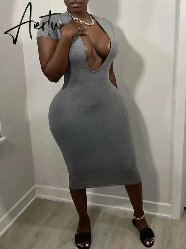 Aiertu Short Sleeve Solid Bodycon Dress Summer Sexy Women Streetwear Y2K Party Casual Club