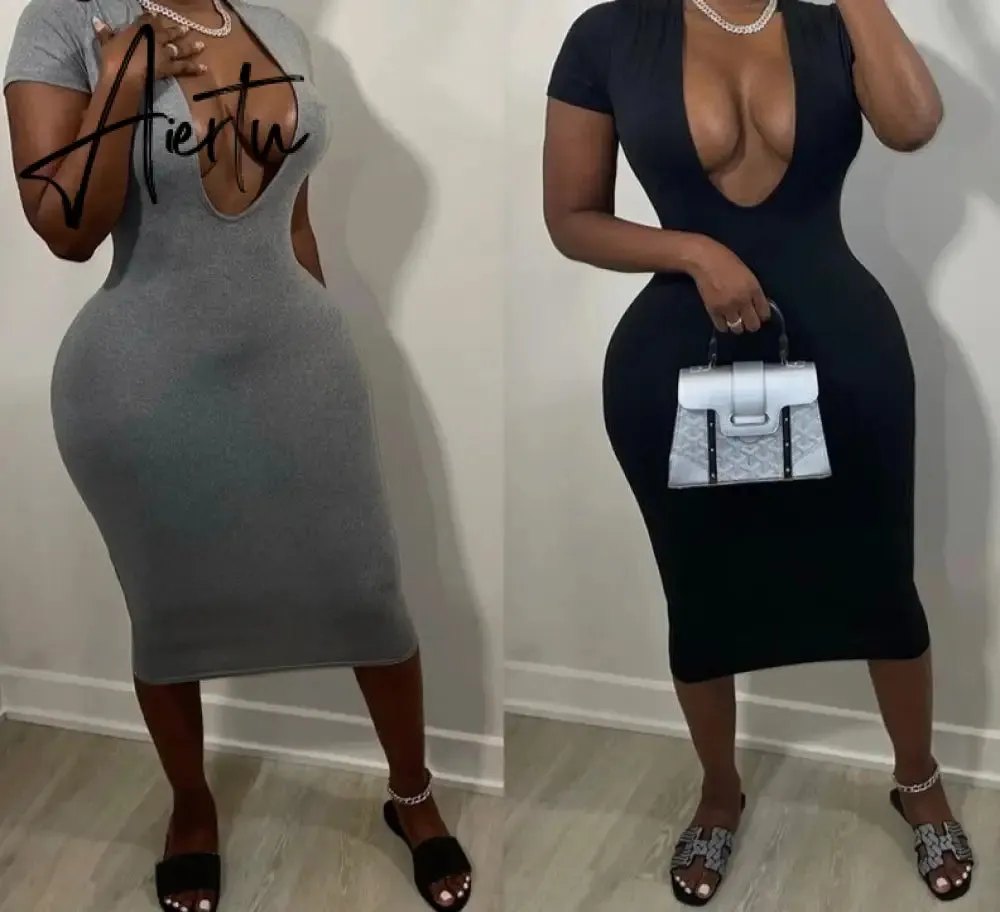 Aiertu Short Sleeve Solid Bodycon Dress Summer Sexy Women Streetwear Y2K Party Casual Club