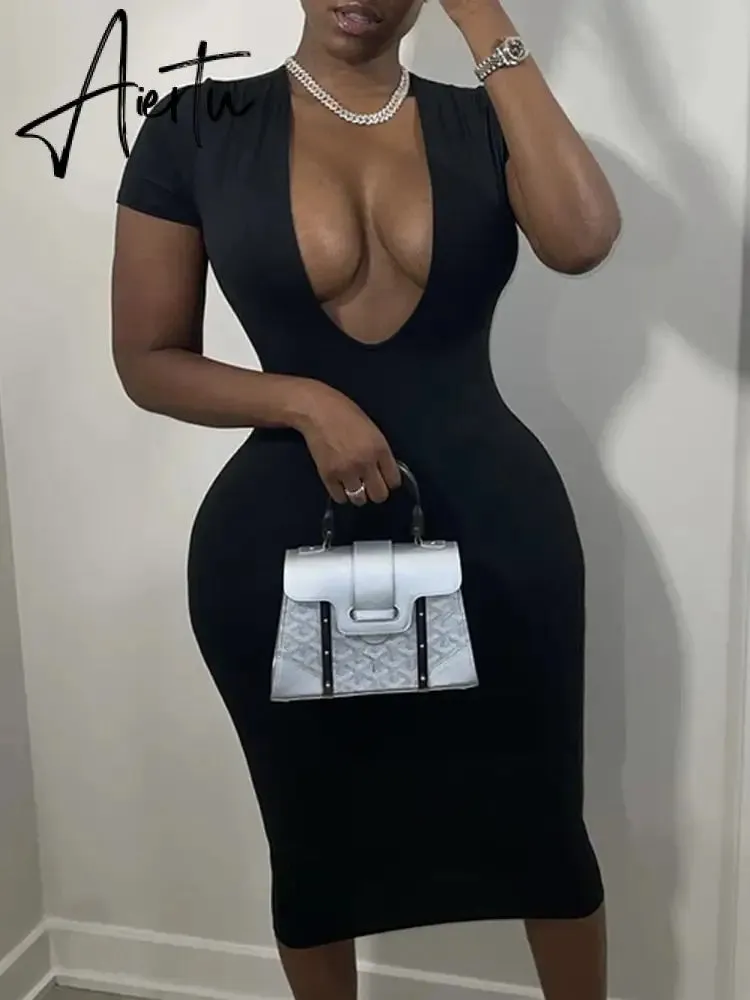 Aiertu Short Sleeve Solid Bodycon Dress Summer Sexy Women Streetwear Y2K Party Casual Club