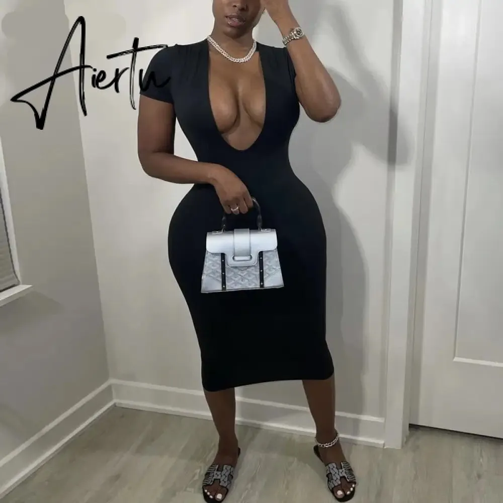 Aiertu Short Sleeve Solid Bodycon Dress Summer Sexy Women Streetwear Y2K Party Casual Club
