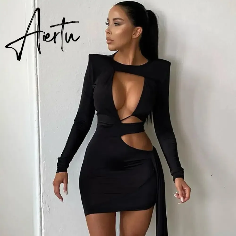 Aiertu  Women Fall Fashion Bodycon Folds Solid Long Sleeve Hollow Out String Mini Dress Female Clothing Streetwear Y2K