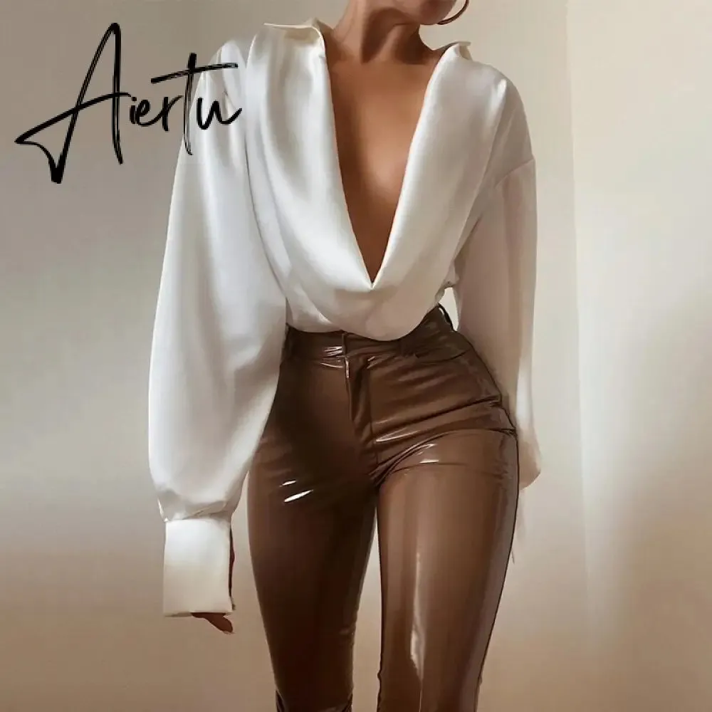 Aiertu Women Fashion Revealing Bodycon Slim Solid Swing Collar Long Sleeves Mini Dress Fall Clothing Sexy Streetwear