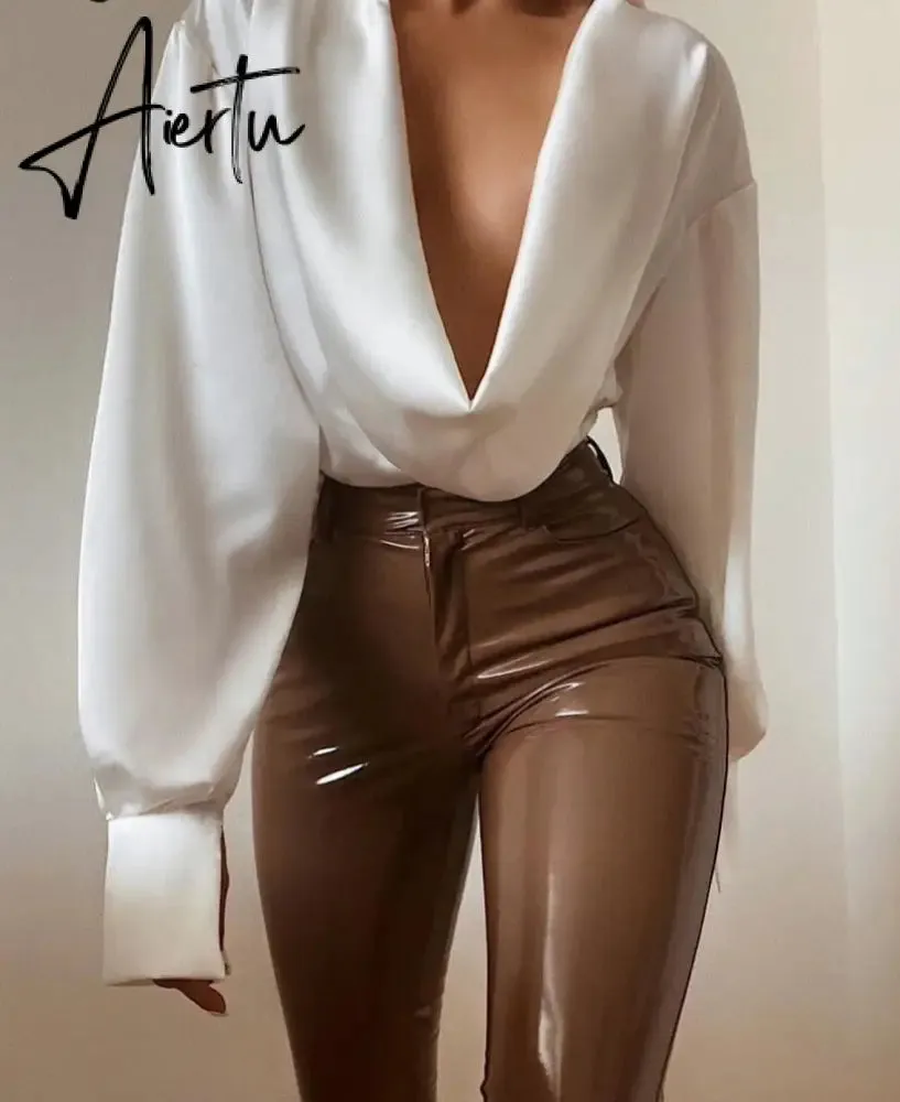 Aiertu Women Fashion Revealing Bodycon Slim Solid Swing Collar Long Sleeves Mini Dress Fall Clothing Sexy Streetwear