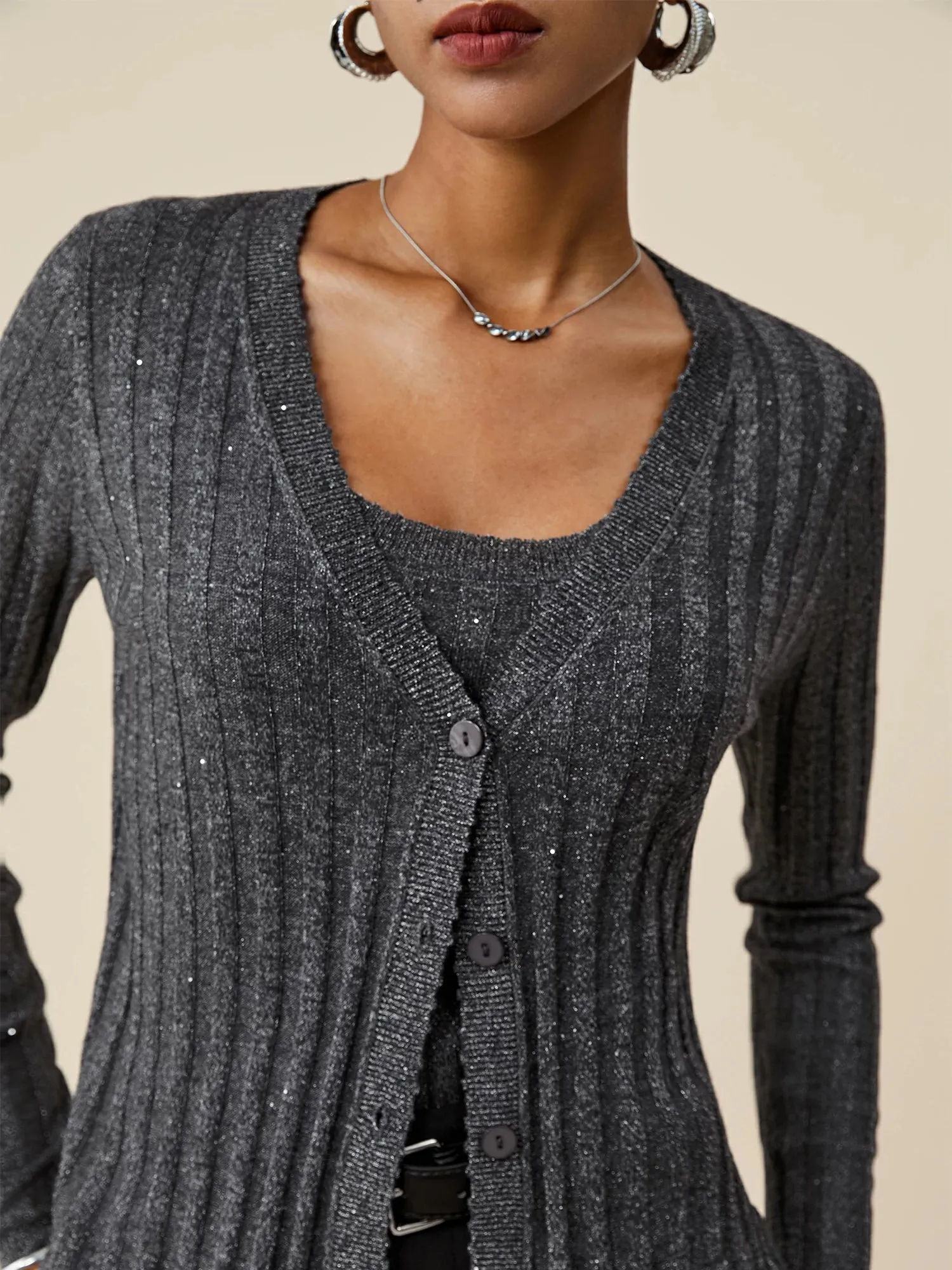 Amoretu Wool V-Neck Long-Sleeved Sequin Knitted Cardigan