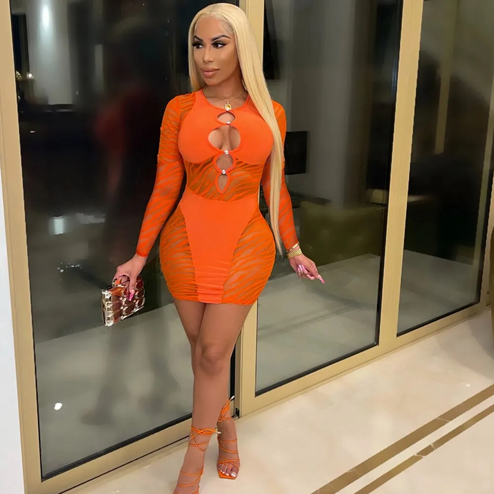 Amozae-hoco dresses  Hirigin   Hollow Out Bodycon Dress For Women Summer Autumn Night Club Wear Mesh Sheer Long Sleeve Mini Dresses Streetwear
