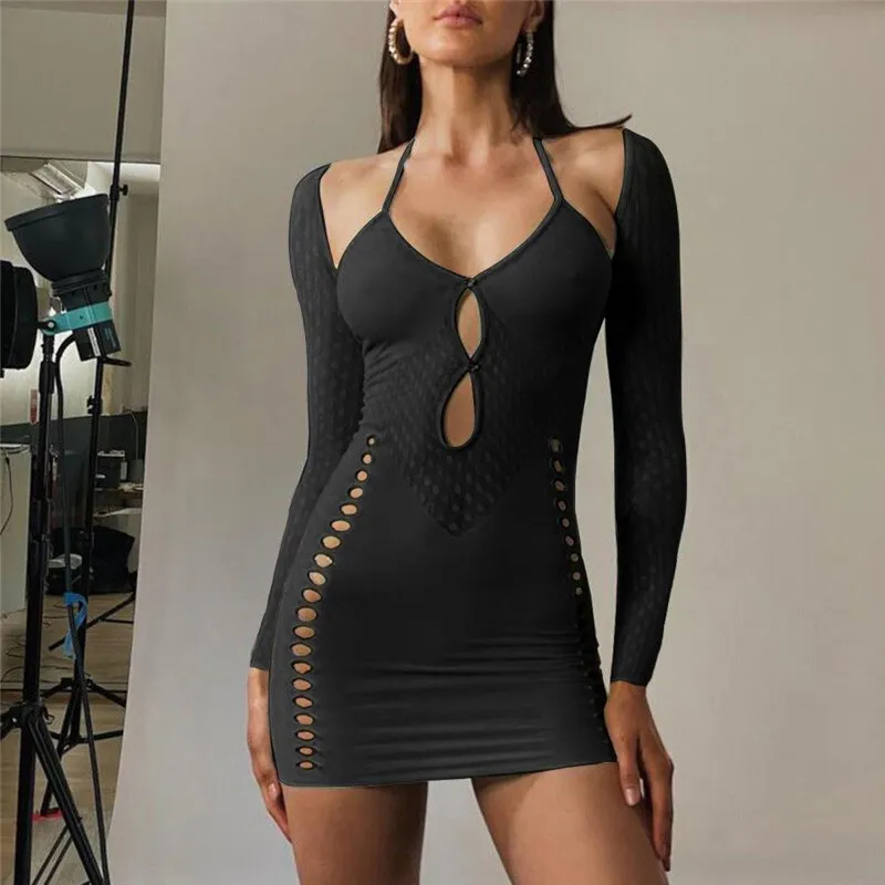 Amozae-hoco dresses  Hirigin   Hollow Out Bodycon Dress For Women Summer Autumn Night Club Wear Mesh Sheer Long Sleeve Mini Dresses Streetwear