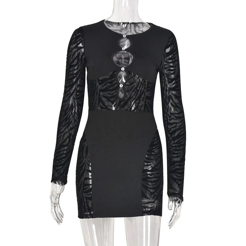 Amozae-hoco dresses  Hirigin   Hollow Out Bodycon Dress For Women Summer Autumn Night Club Wear Mesh Sheer Long Sleeve Mini Dresses Streetwear