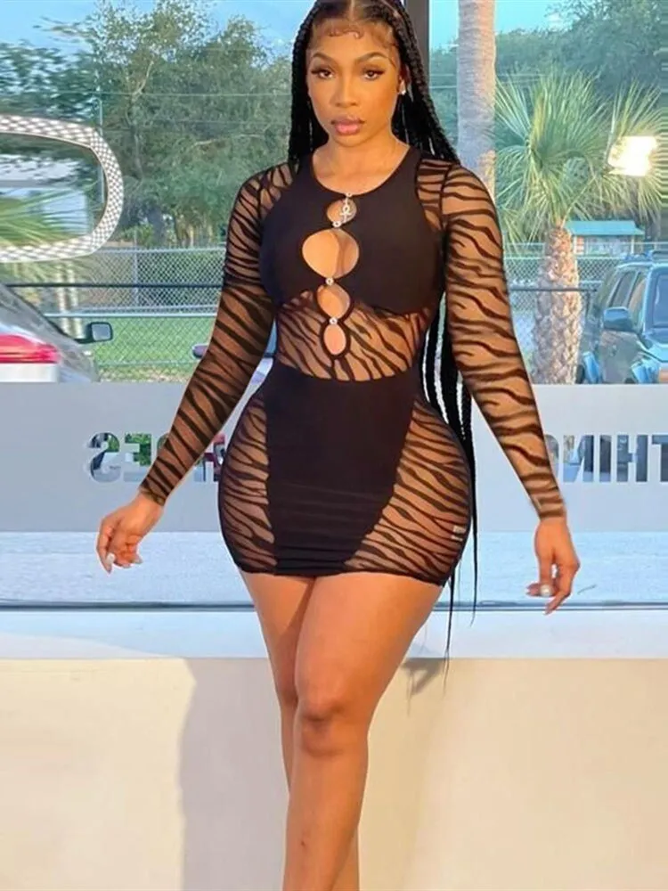 Amozae-hoco dresses  Hirigin   Hollow Out Bodycon Dress For Women Summer Autumn Night Club Wear Mesh Sheer Long Sleeve Mini Dresses Streetwear