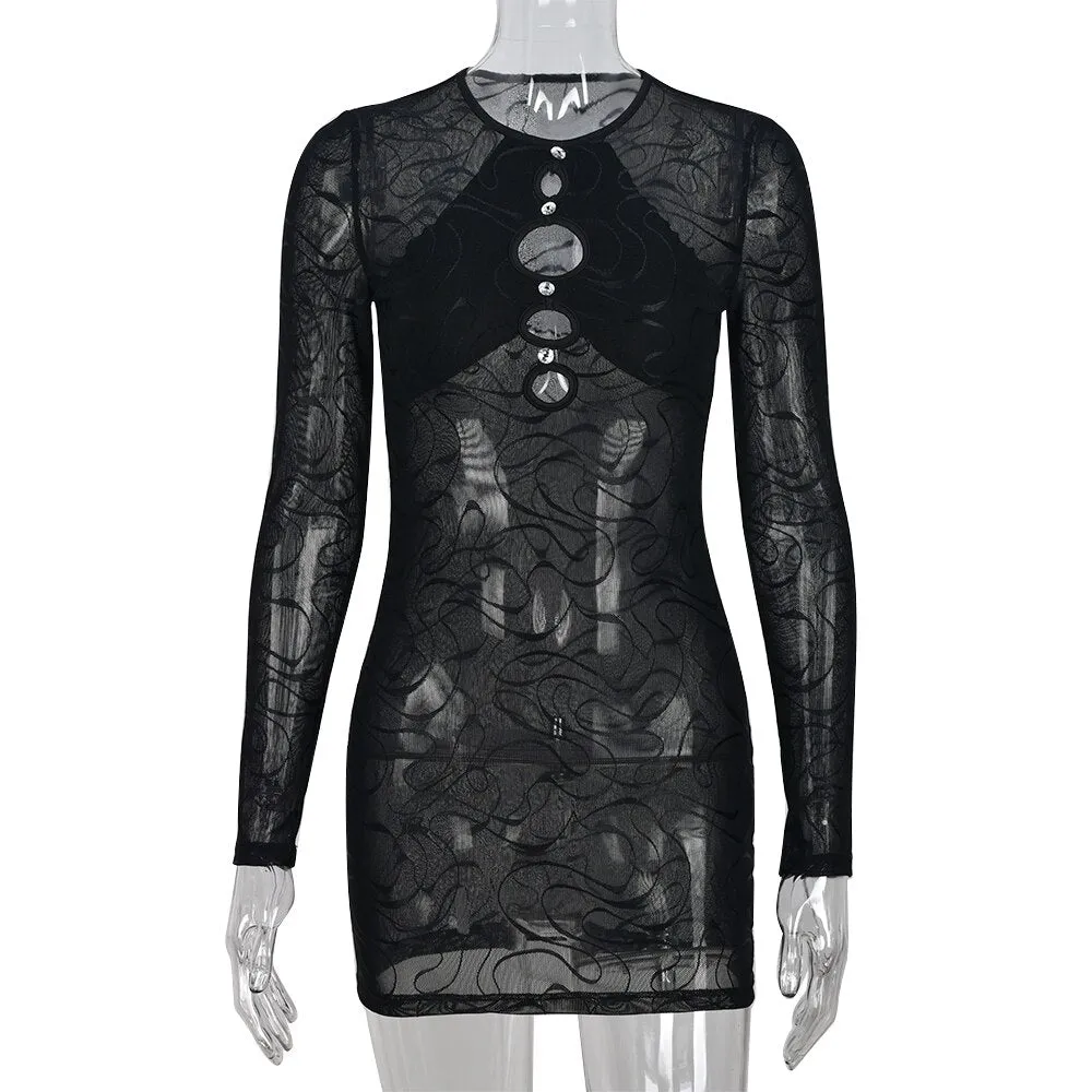 Amozae-hoco dresses  Hirigin   Hollow Out Bodycon Dress For Women Summer Autumn Night Club Wear Mesh Sheer Long Sleeve Mini Dresses Streetwear
