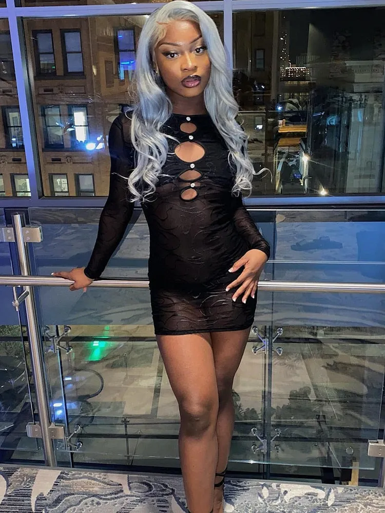 Amozae-hoco dresses  Hirigin   Hollow Out Bodycon Dress For Women Summer Autumn Night Club Wear Mesh Sheer Long Sleeve Mini Dresses Streetwear