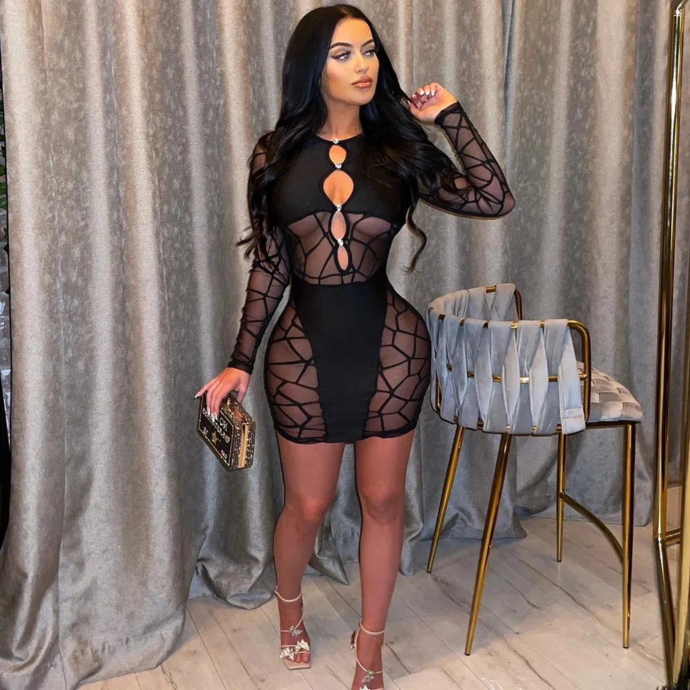 Amozae-hoco dresses  Hirigin   Hollow Out Bodycon Dress For Women Summer Autumn Night Club Wear Mesh Sheer Long Sleeve Mini Dresses Streetwear