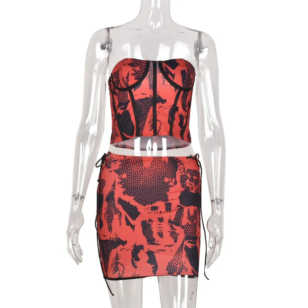 Amozae-hoco dresses  Red Printed Crop Top And Mini Skirt Set Woman 2 Pieces Summer   Outfits Strapless Corset Top Bandage Bodycon Dress Club Wear