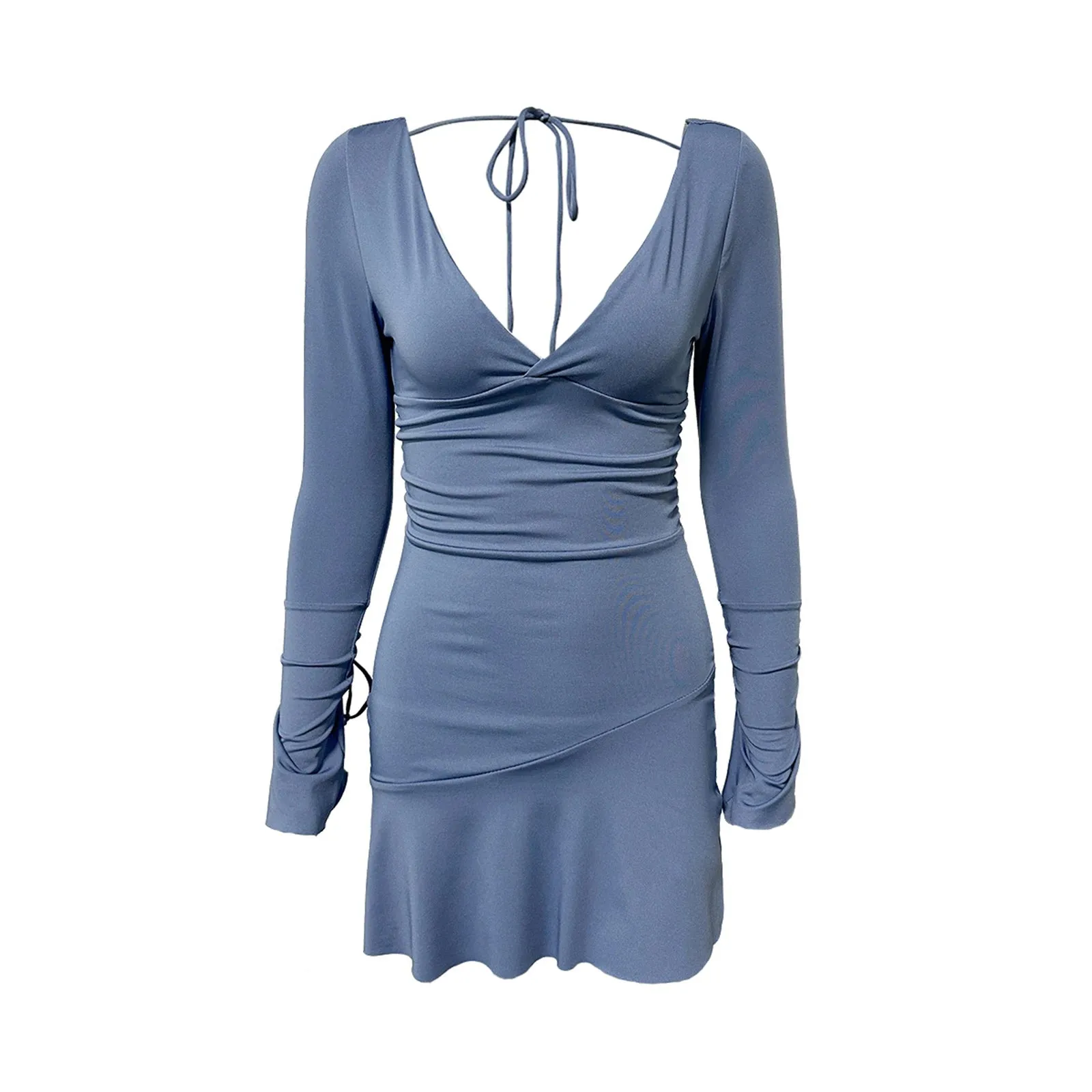 Amozae-hoco dresses -Women's Summer Elegant Solid Color Flare Long Sleeve Deep V-Neck Ruffled Tie Back Bodycon Backless Mini Mermaid Dress