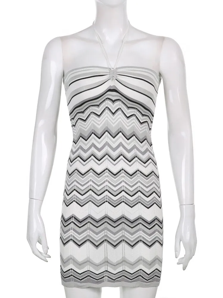 Ashore Wave Striped Print Backless Bodycon Knitted Dress Women Sexy Vintage Halter Mini Dresses Ladies Summer Street