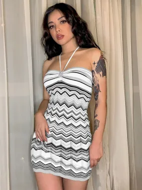 Ashore Wave Striped Print Backless Bodycon Knitted Dress Women Sexy Vintage Halter Mini Dresses Ladies Summer Street