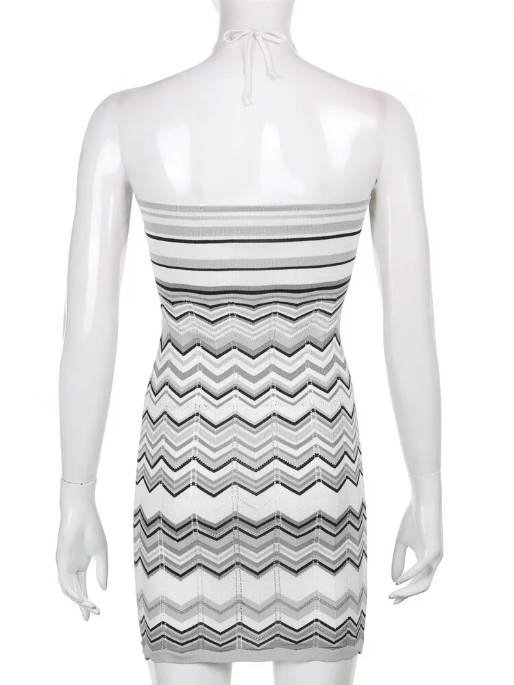 Ashore Wave Striped Print Backless Bodycon Knitted Dress Women Sexy Vintage Halter Mini Dresses Ladies Summer Street