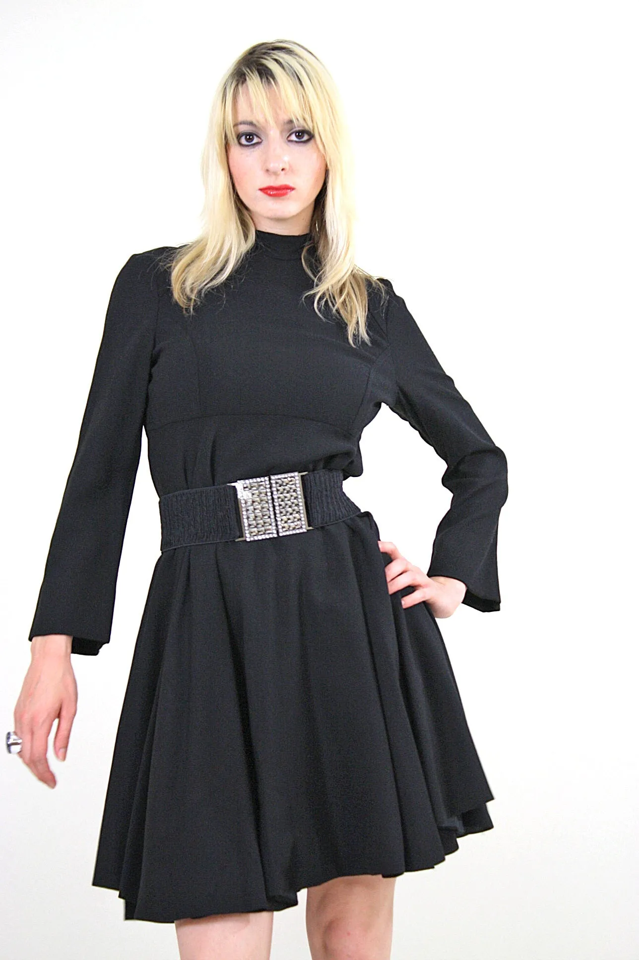 Authentic vintage 70s Boho black bell sleeve mod mini dress