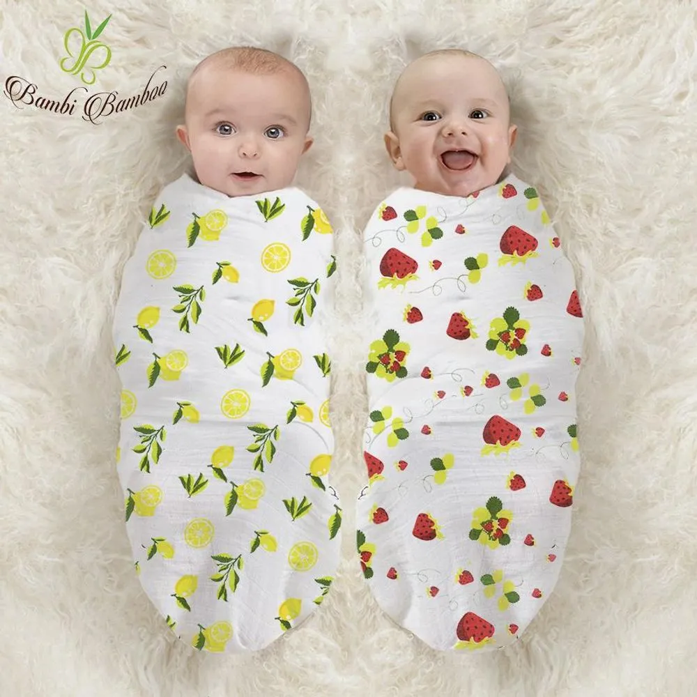 Bambo Muslin Swaddle Blanket Set of 2, Lemon and Strawberry Prints