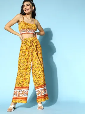 Berrylush Women Yellow & White Floral Printed Round Neck Waist Tie-Up Crop Top & Wide-Leg Trousers Set