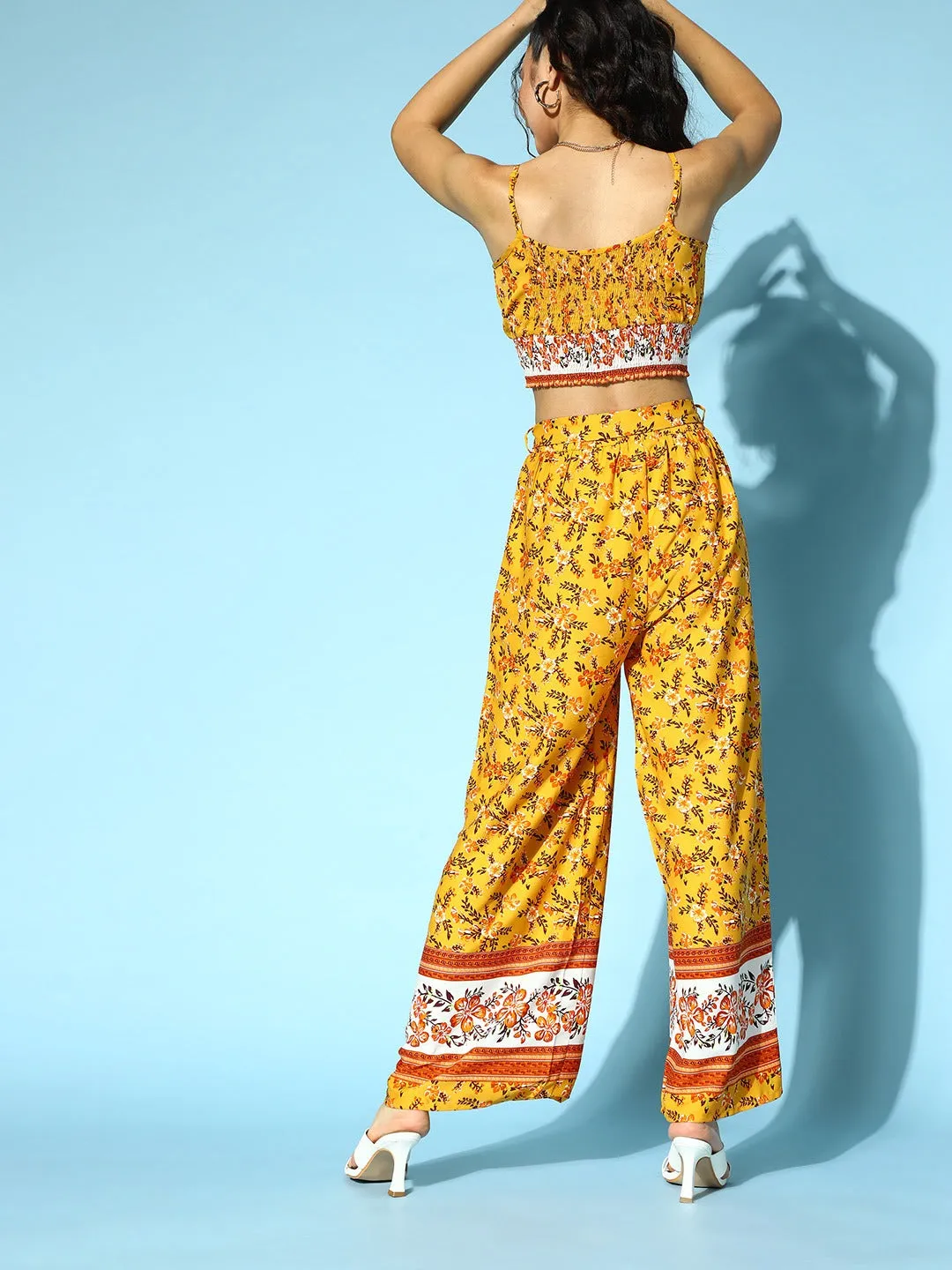 Berrylush Women Yellow & White Floral Printed Round Neck Waist Tie-Up Crop Top & Wide-Leg Trousers Set