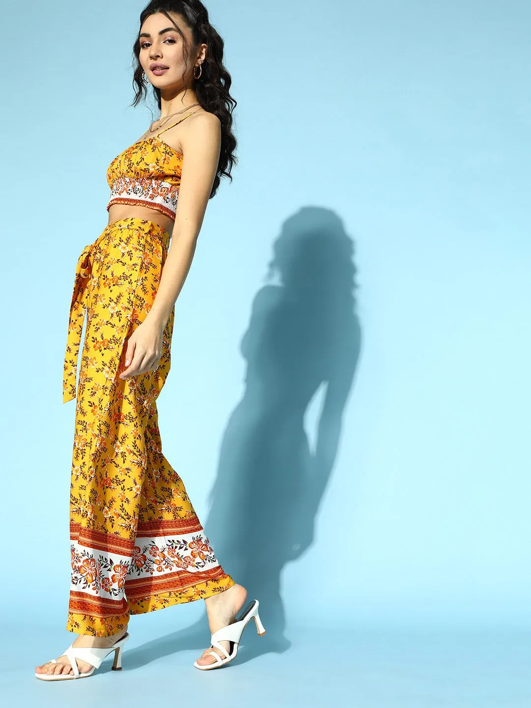 Berrylush Women Yellow & White Floral Printed Round Neck Waist Tie-Up Crop Top & Wide-Leg Trousers Set