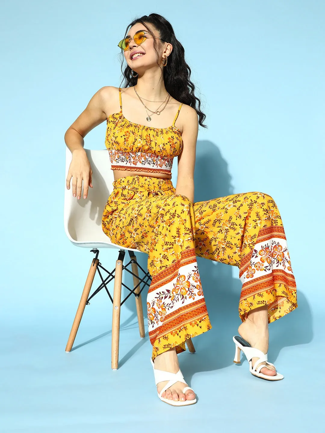 Berrylush Women Yellow & White Floral Printed Round Neck Waist Tie-Up Crop Top & Wide-Leg Trousers Set