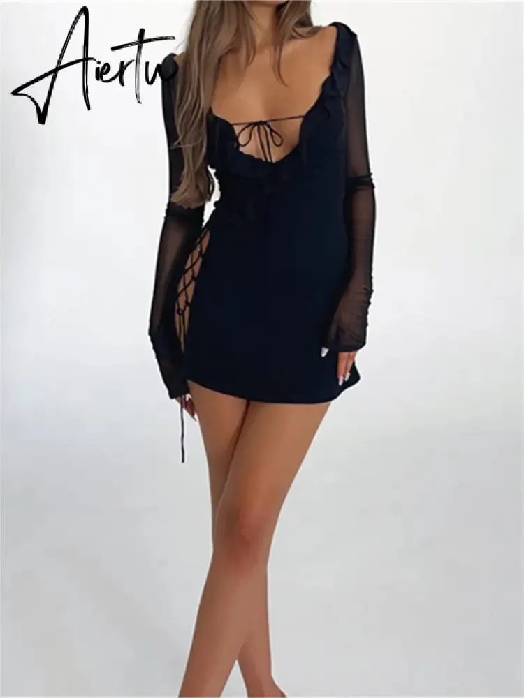 Black Bodycon Dress Spring Summer Sexy Mesh Long Sleeves Ruffles Deep V Tie-Up Short Dress Women Party Streetwear