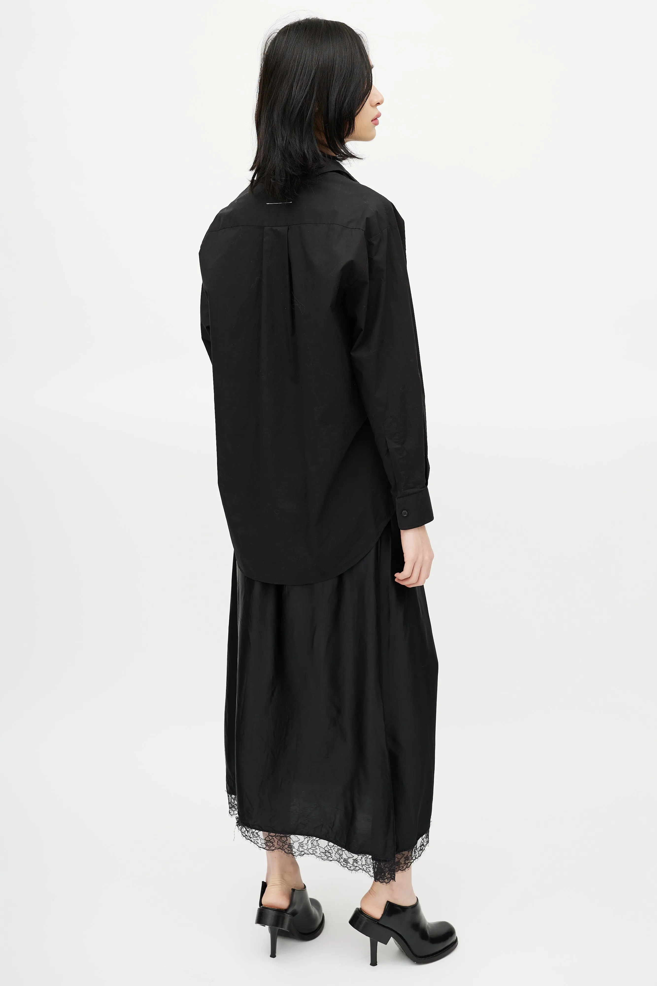 Black Cotton & Satin Slip Shirt Dress