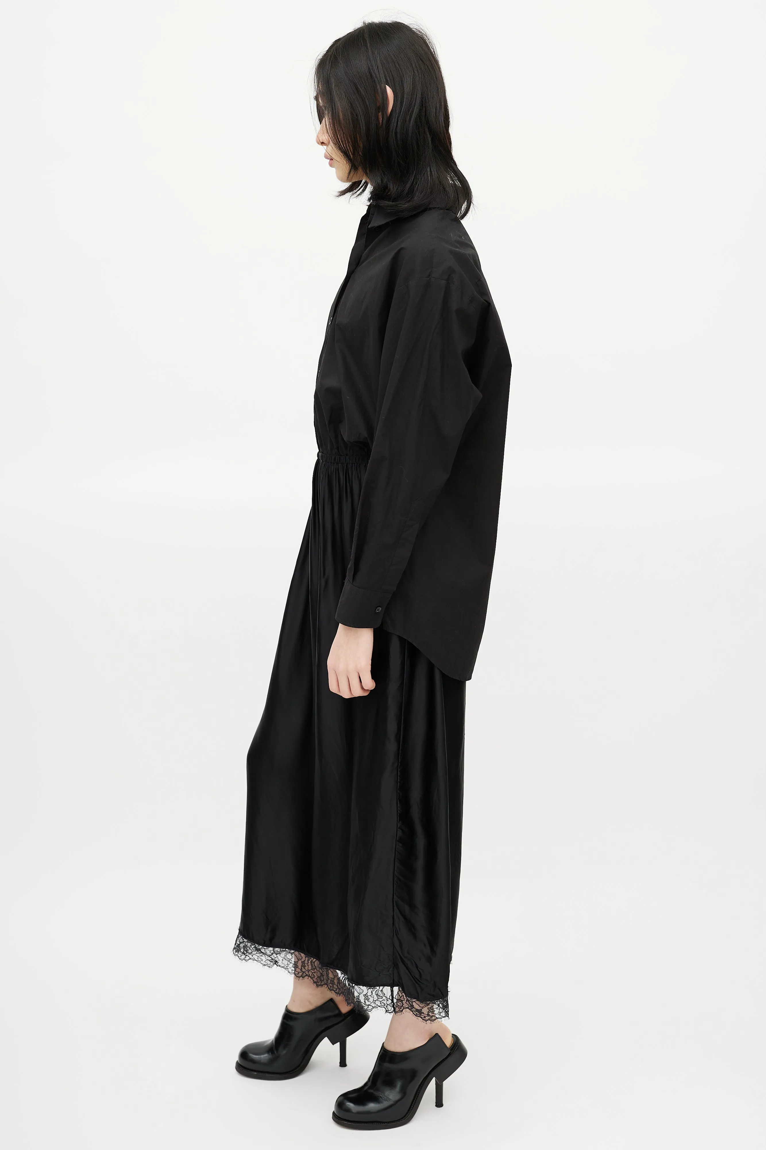 Black Cotton & Satin Slip Shirt Dress