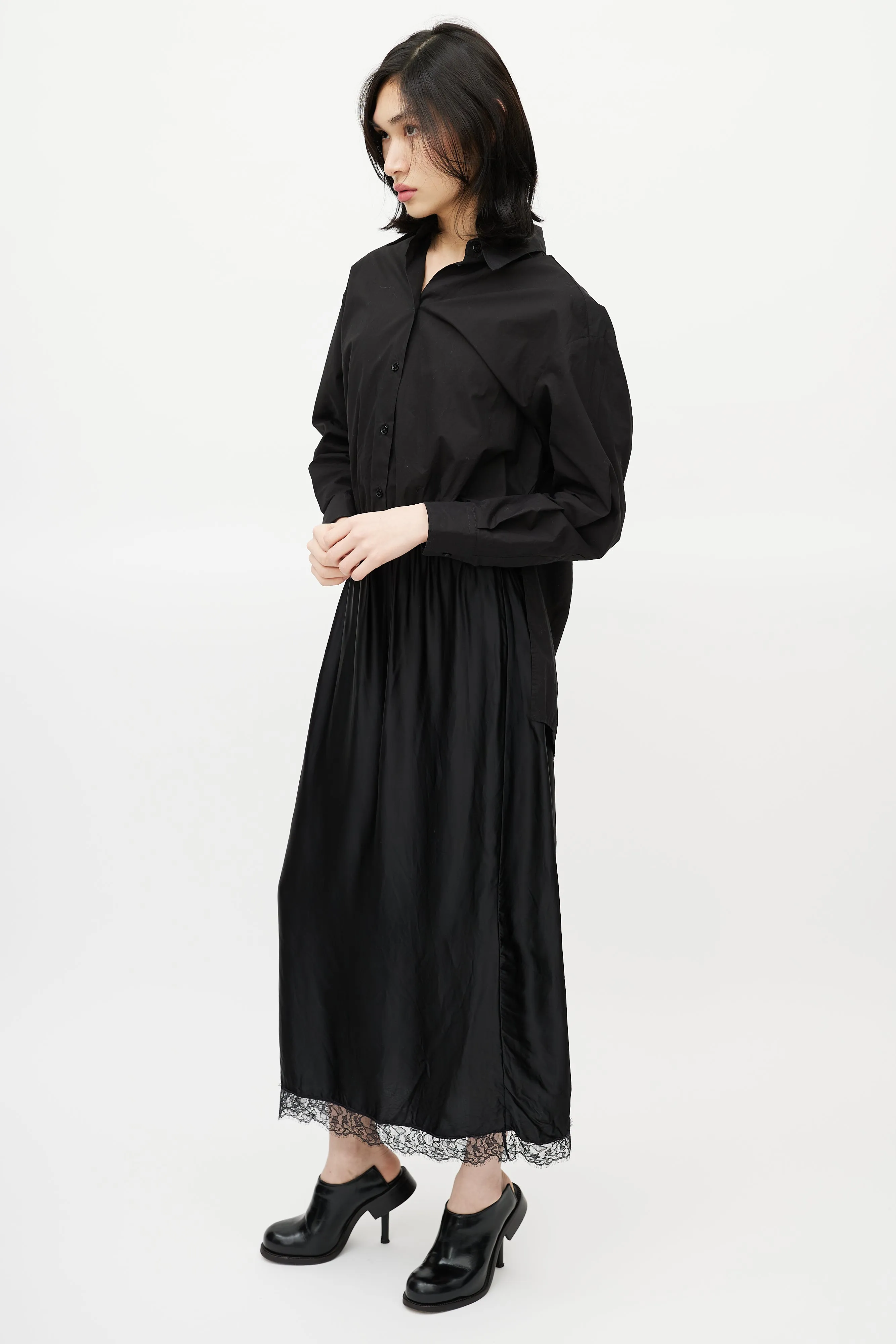 Black Cotton & Satin Slip Shirt Dress