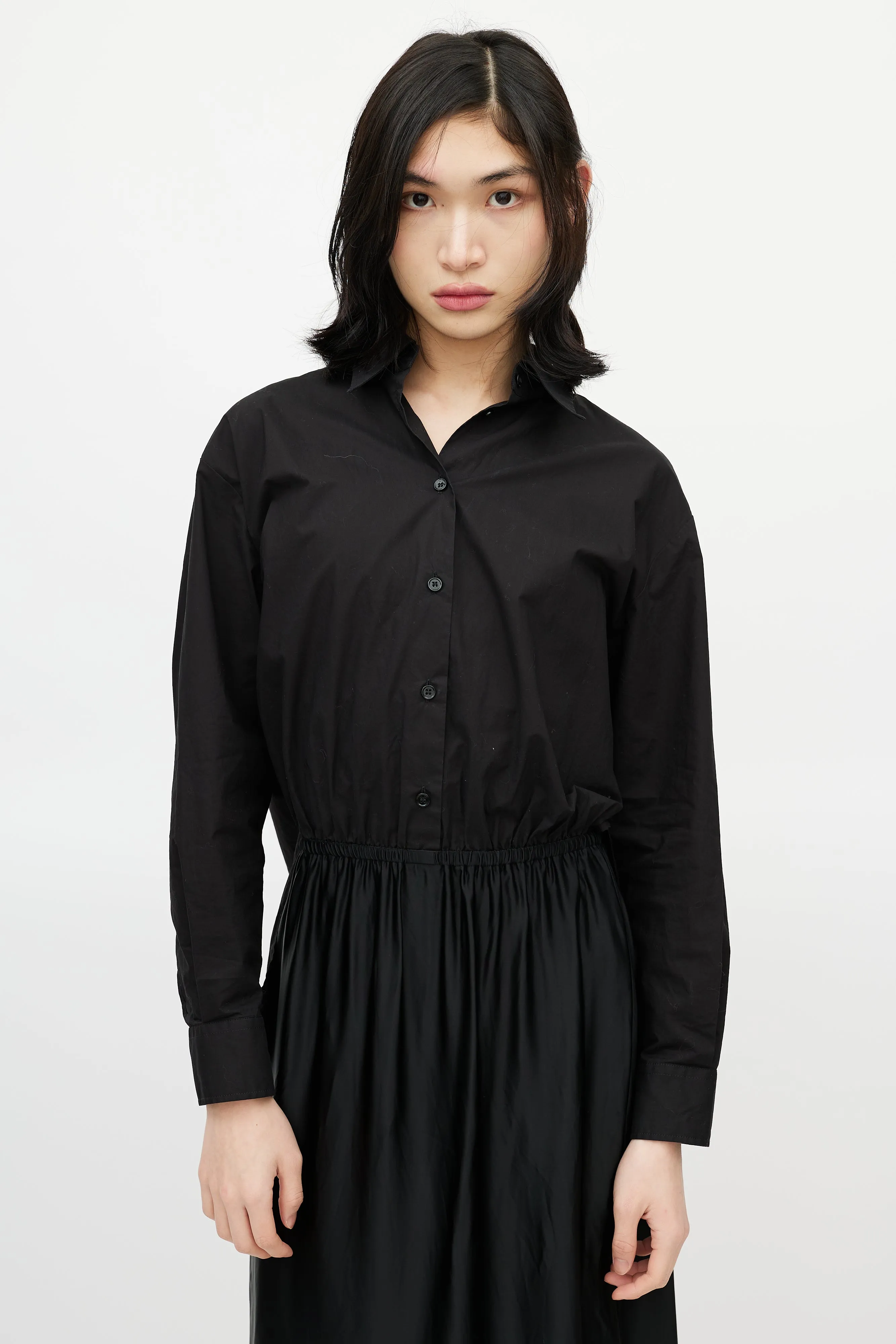 Black Cotton & Satin Slip Shirt Dress