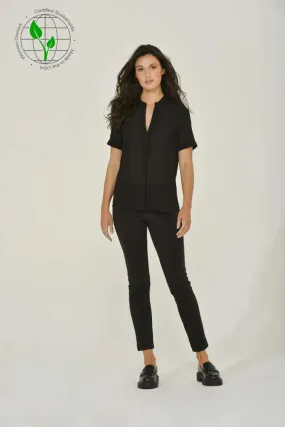 Black French Chiffon Split-Neck Short Sleeve Top