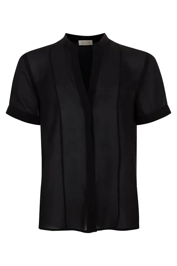 Black French Chiffon Split-Neck Short Sleeve Top