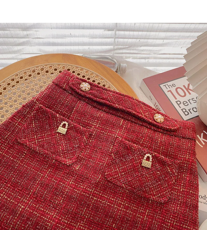 Bright silk tweed short skirt women's Retro Plaid high waist A-shaped skirt  5510