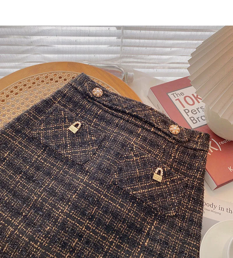 Bright silk tweed short skirt women's Retro Plaid high waist A-shaped skirt  5510