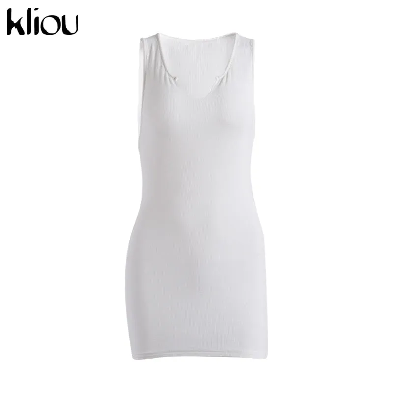 Cotton Mix sleeveless v-neck elastic fitness fashion solid white skinny bodycon mini streetwear Dress