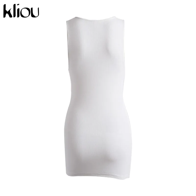 Cotton Mix sleeveless v-neck elastic fitness fashion solid white skinny bodycon mini streetwear Dress