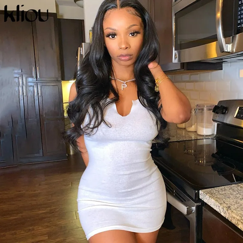 Cotton Mix sleeveless v-neck elastic fitness fashion solid white skinny bodycon mini streetwear Dress