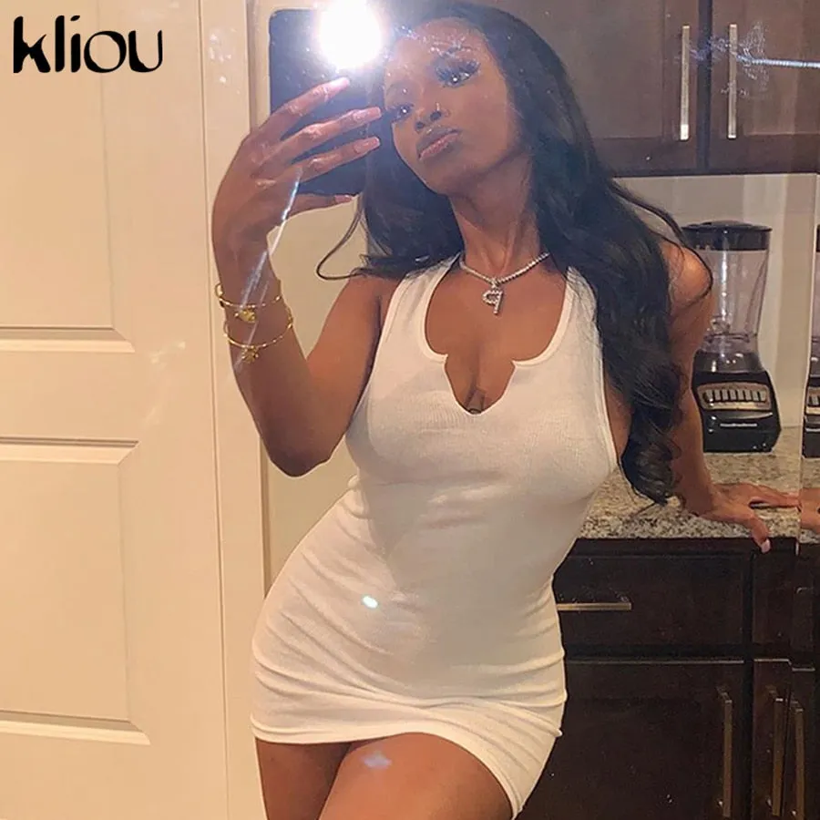 Cotton Mix sleeveless v-neck elastic fitness fashion solid white skinny bodycon mini streetwear Dress