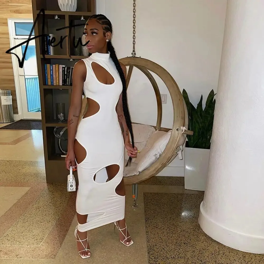Cut Out Sexy Maxi summer Dress Women  Spring  Streetwear Sleeveless Holes Bodycon Vestidos Sense of Design Hot