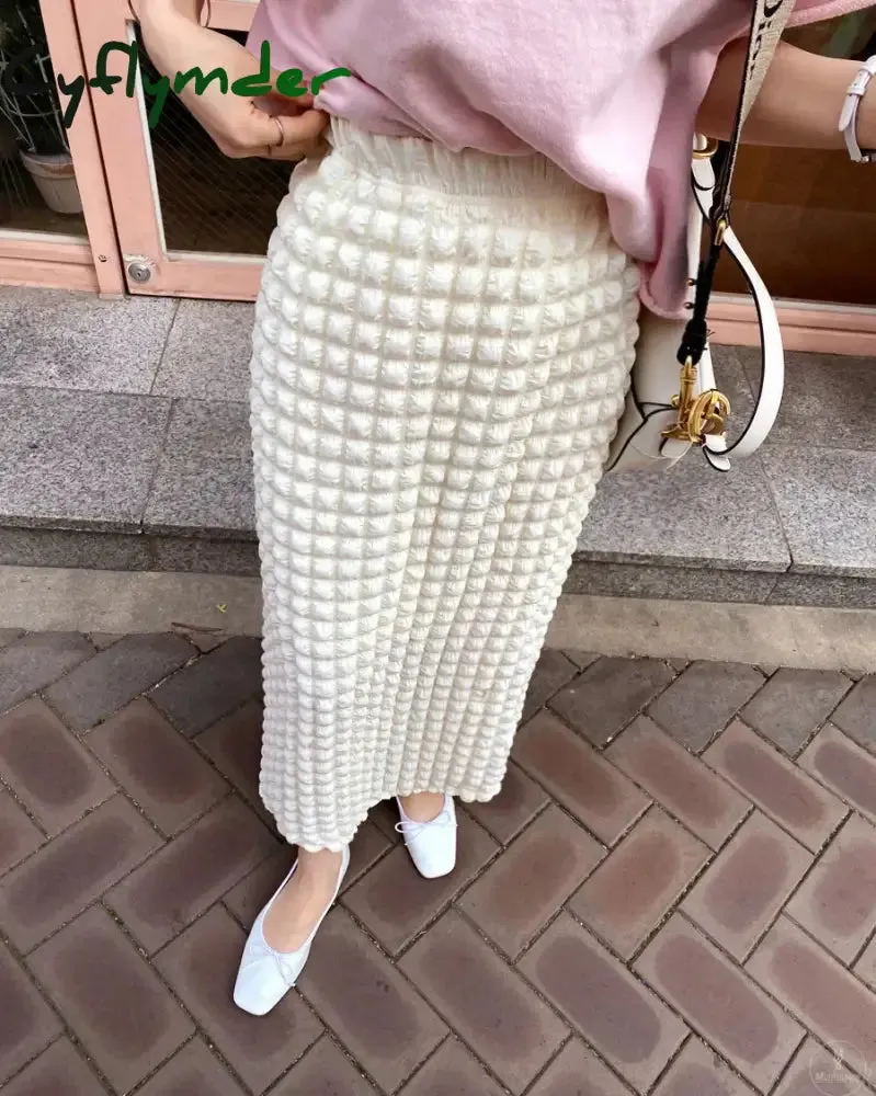 Cyflymder Korean Style Chic Pop Bubble Plaid Long One Step Skirts for Women Spring Summer Autumn Lady Elegant Slim Skirt