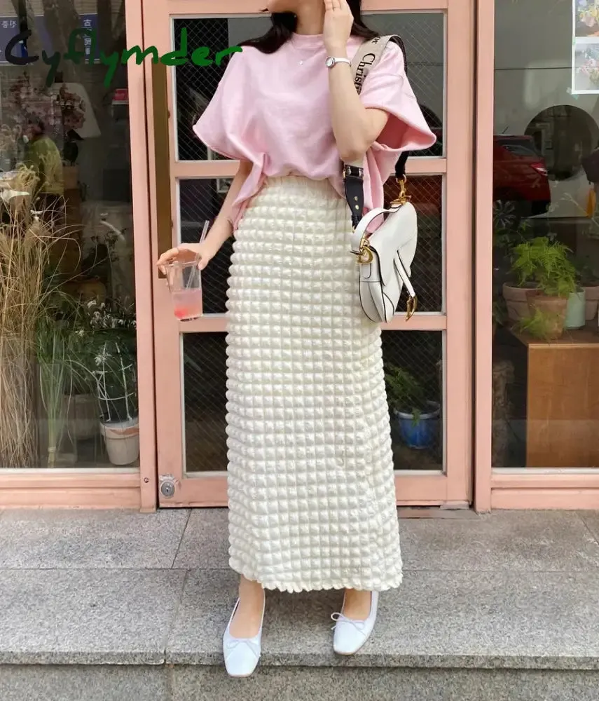 Cyflymder Korean Style Chic Pop Bubble Plaid Long One Step Skirts for Women Spring Summer Autumn Lady Elegant Slim Skirt