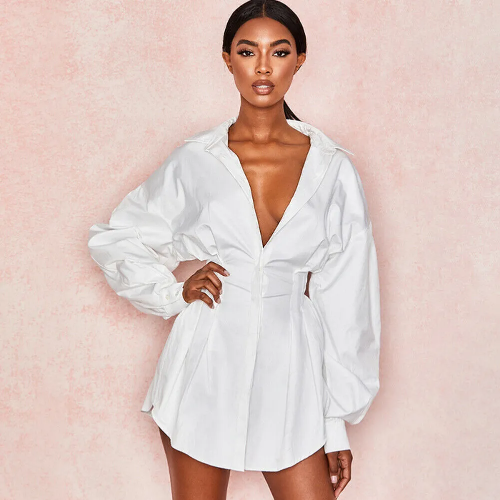 Fashionkova  Fashion Womens V-Neck Long Sleeve Mini Bodycon Dress Slim Fit Shirt Dress US Autumn Shirt