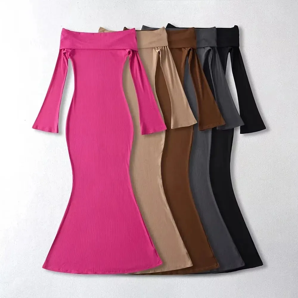 Fashionkova Long Dress Y2K Long Sleeve Dress Women Clothes Off Shoulder Maxi Dress Autumn Winter Streetwear Bodycon Trumpet Black Dress