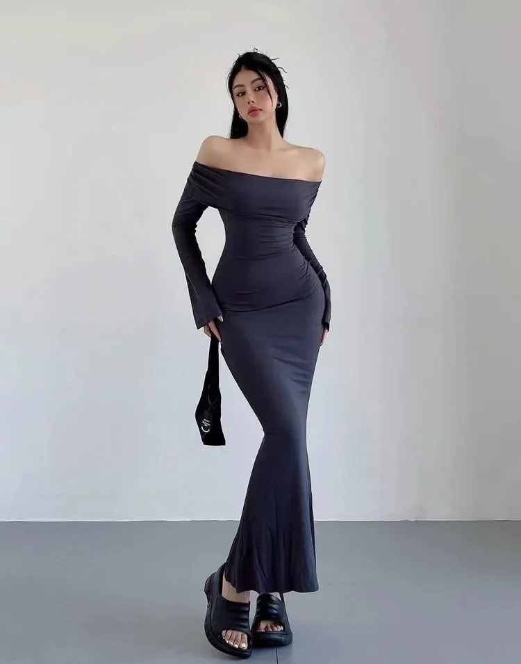 Fashionkova Long Dress Y2K Long Sleeve Dress Women Clothes Off Shoulder Maxi Dress Autumn Winter Streetwear Bodycon Trumpet Black Dress