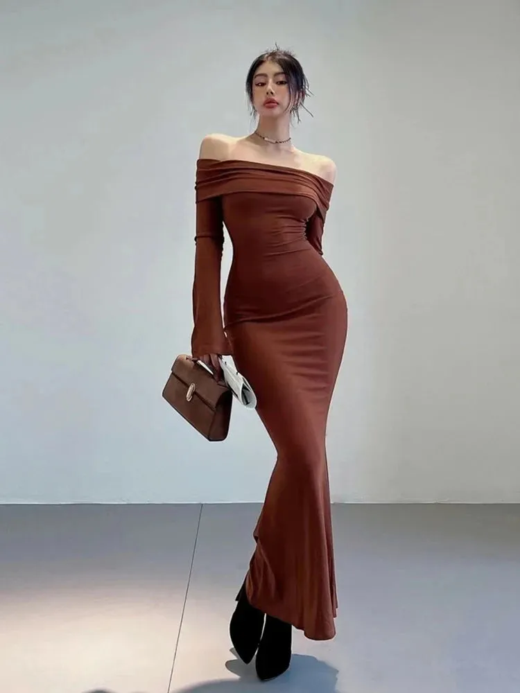 Fashionkova Long Dress Y2K Long Sleeve Dress Women Clothes Off Shoulder Maxi Dress Autumn Winter Streetwear Bodycon Trumpet Black Dress